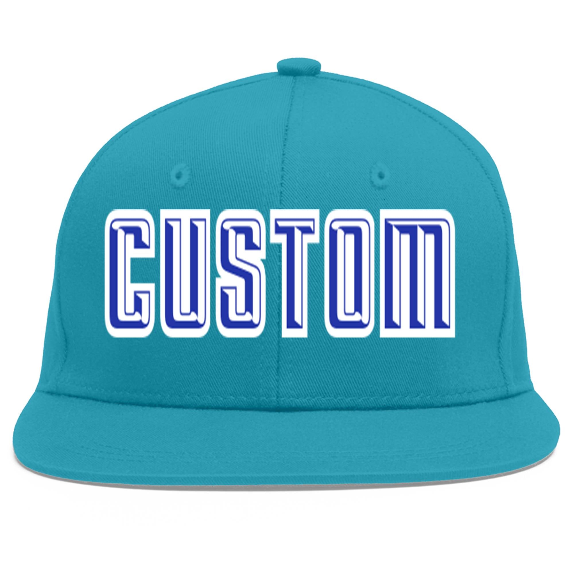 Custom Aqua Royal-White Flat Eaves Sport Baseball Cap