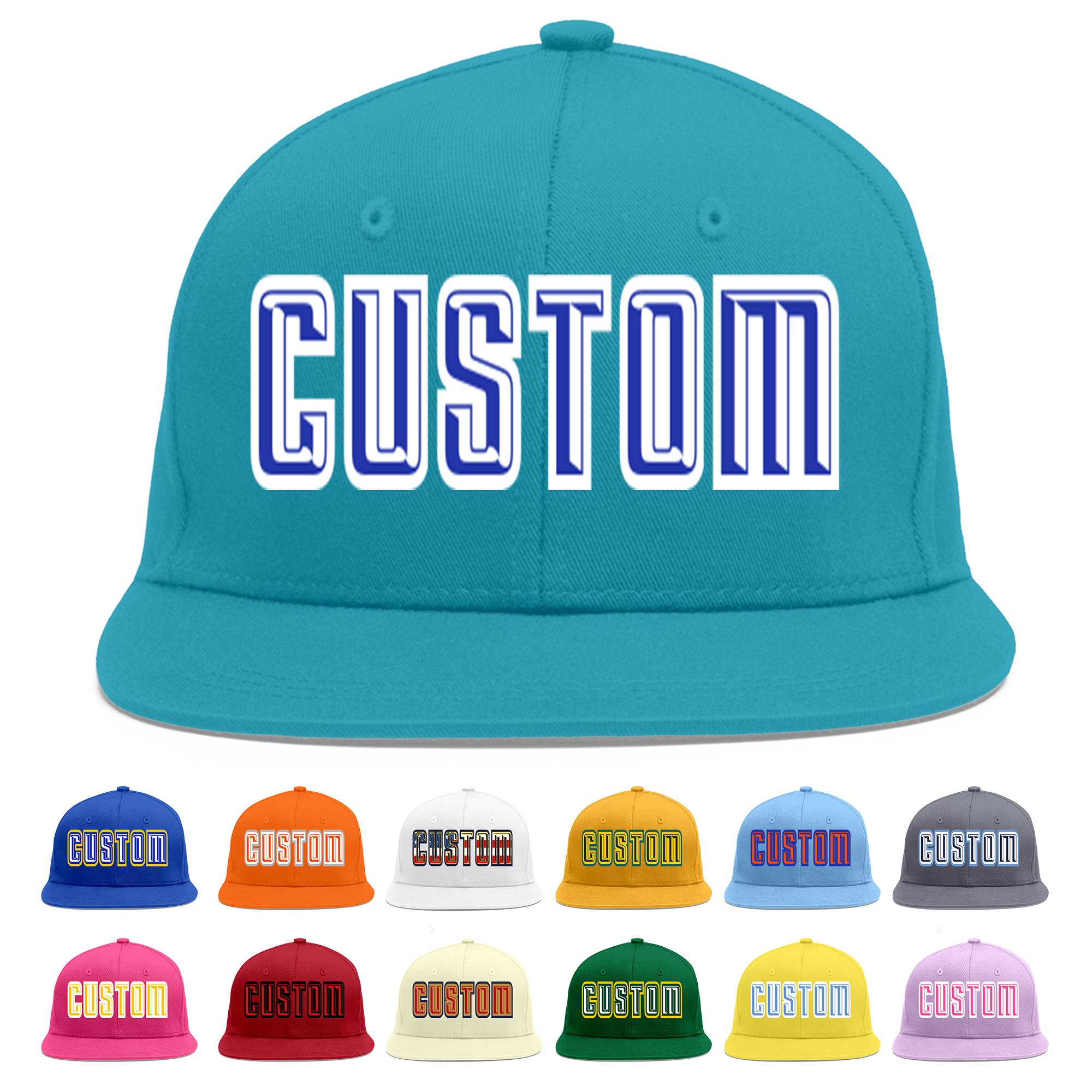 Custom Aqua Royal-White Flat Eaves Sport Baseball Cap