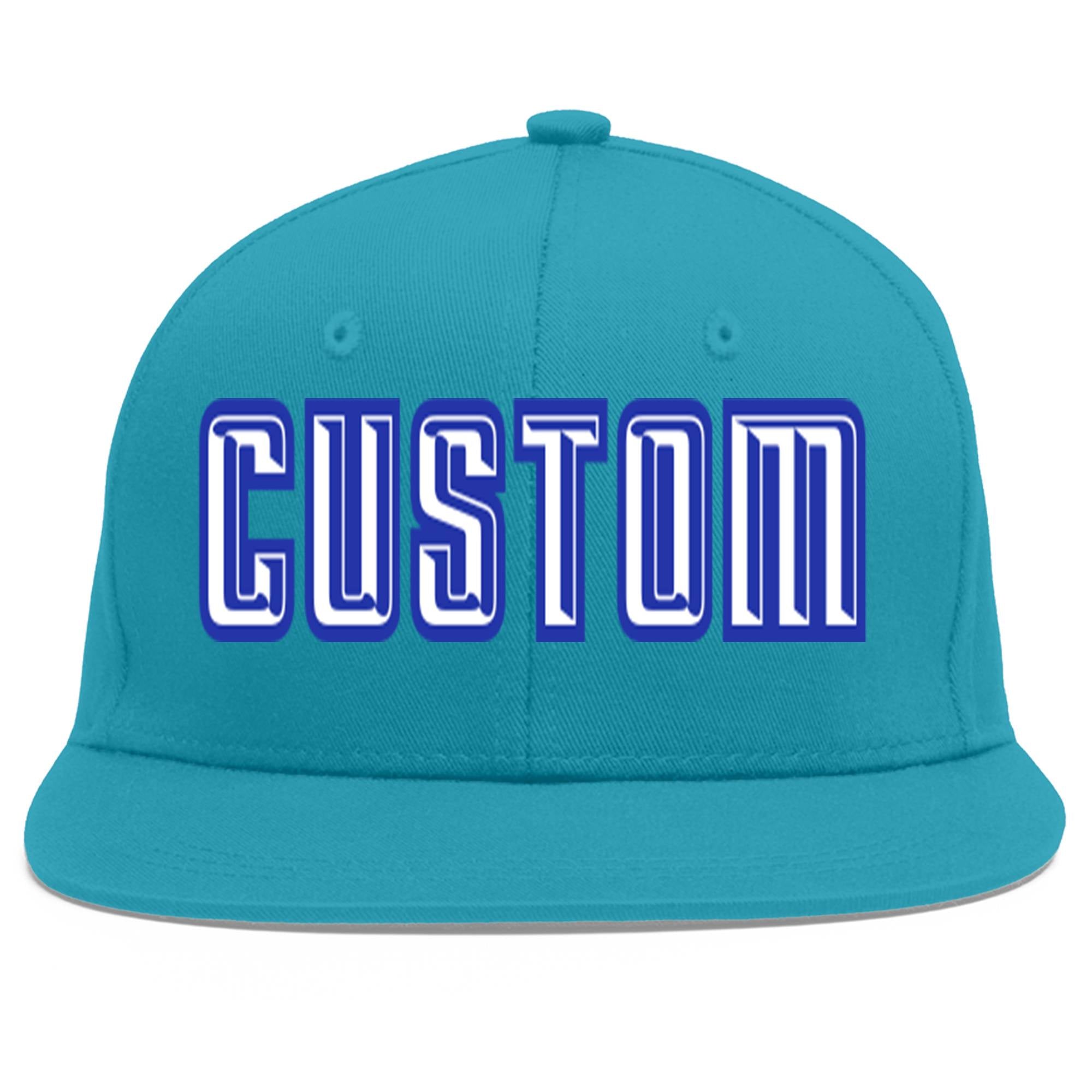 Custom Aqua White-Royal Flat Eaves Sport Baseball Cap