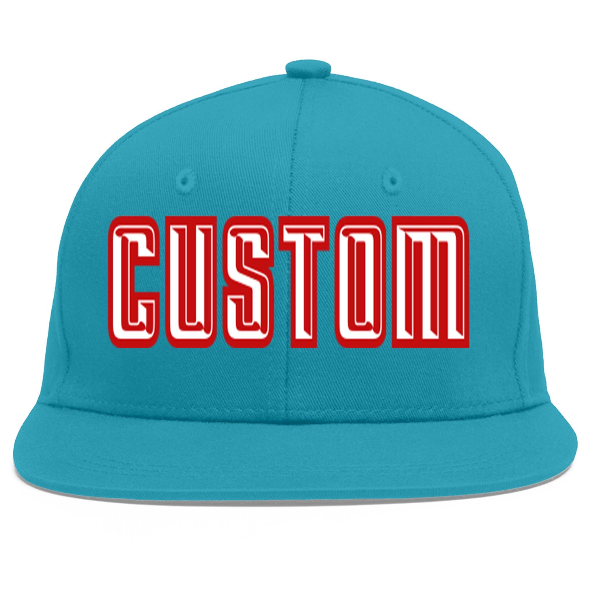 Custom Aqua White-Red Flat Eaves Sport Baseball Cap