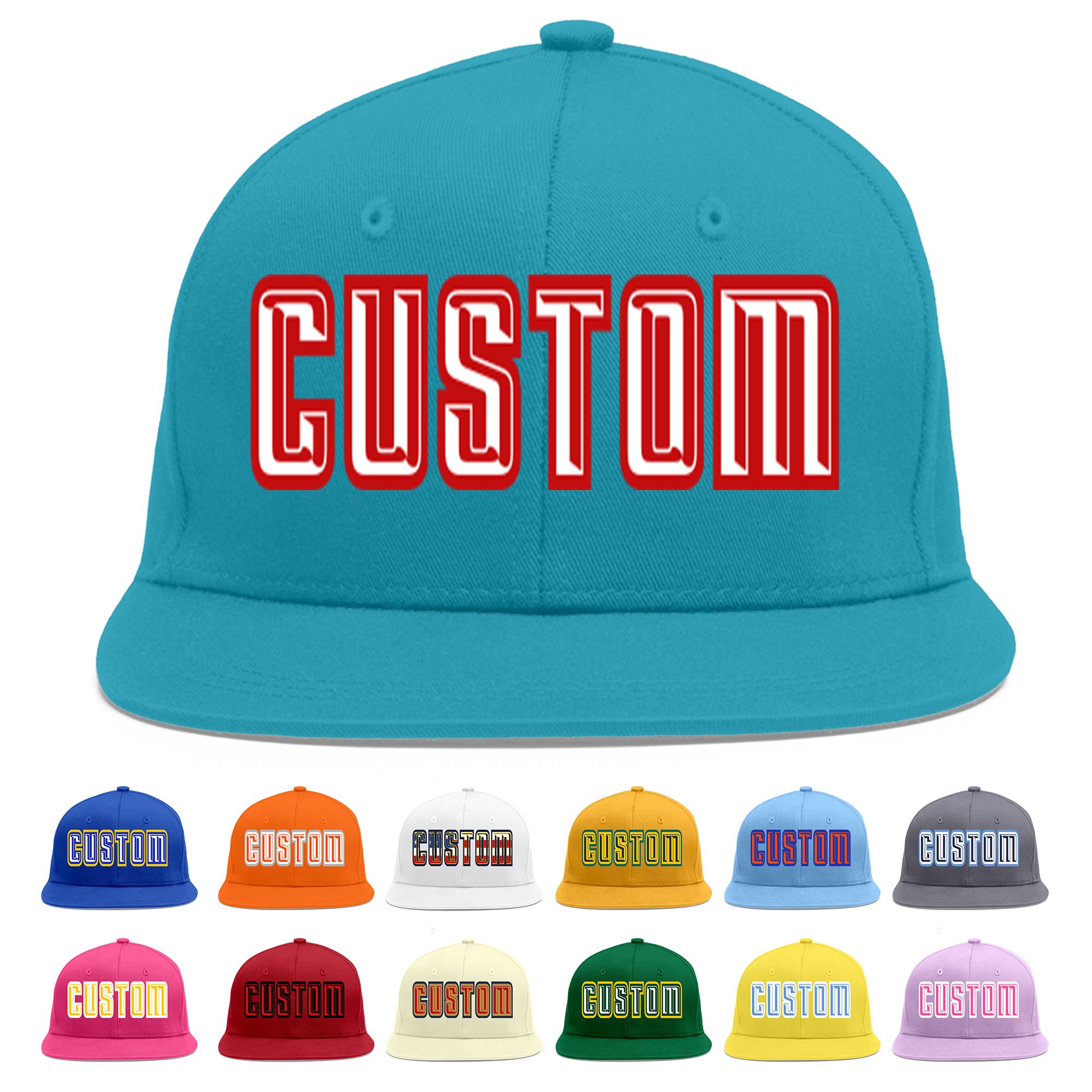 Custom Aqua White-Red Flat Eaves Sport Baseball Cap