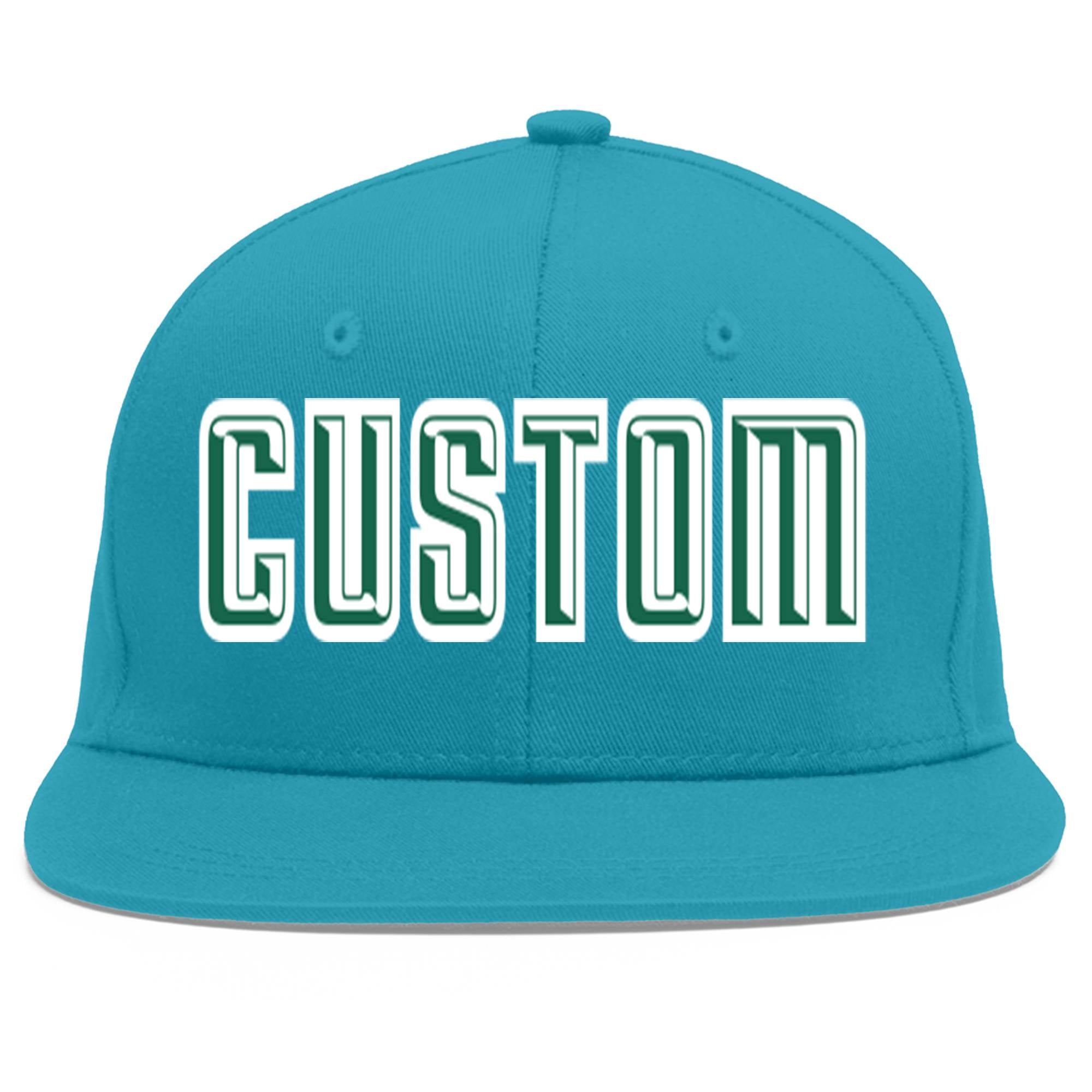 Custom Aqua Kelly Green-White Flat Eaves Sport Baseball Cap