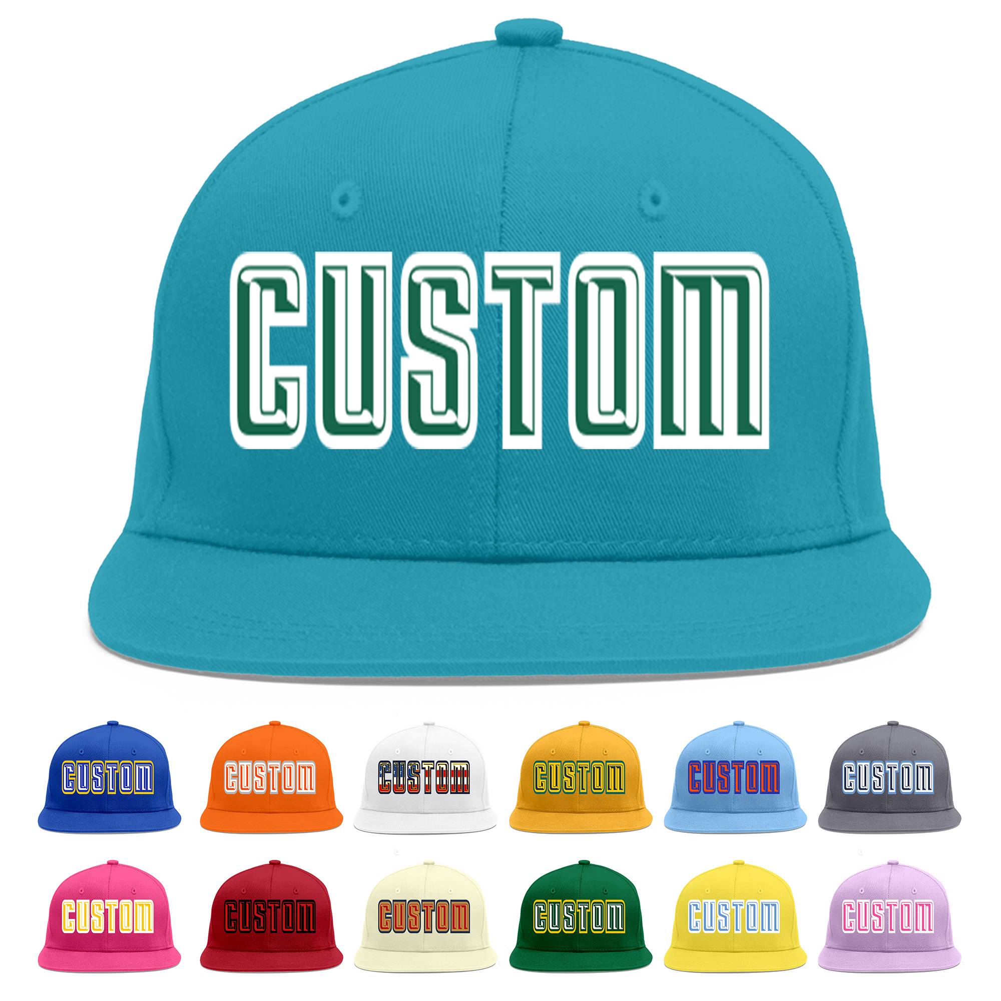 Custom Aqua Kelly Green-White Flat Eaves Sport Baseball Cap