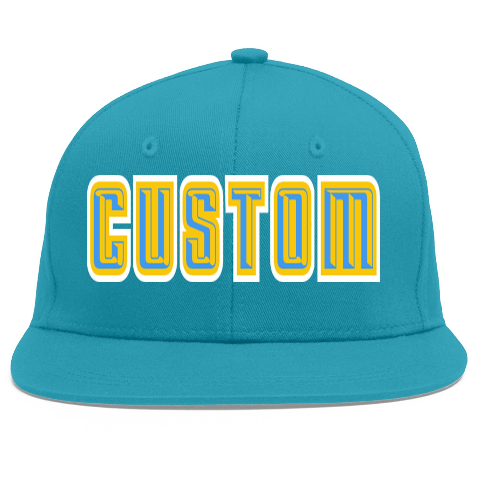 Custom Aqua Powder Blue-Gold Flat Eaves Sport Baseball Cap