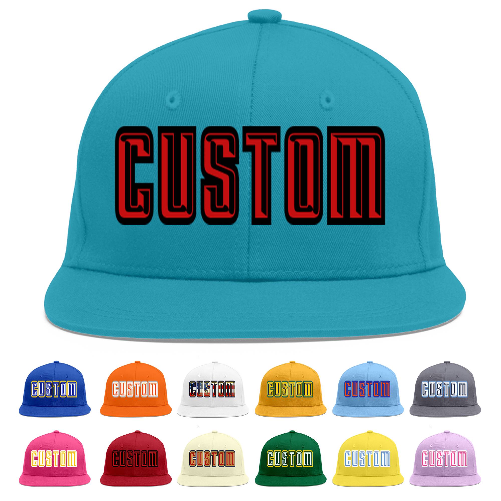 Custom Aqua Red-Black Flat Eaves Sport Baseball Cap