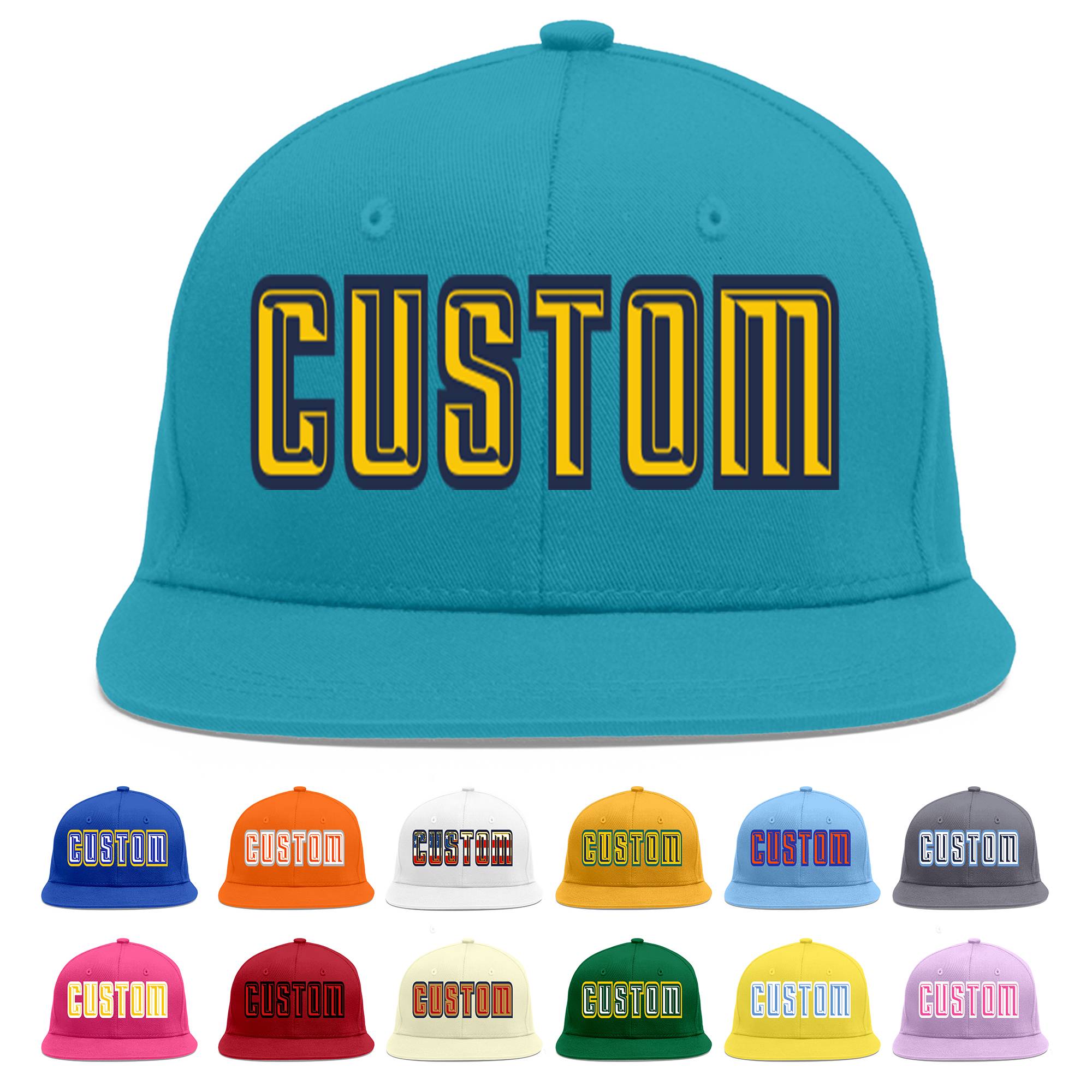 Custom Aqua Gold-Navy Flat Eaves Sport Baseball Cap