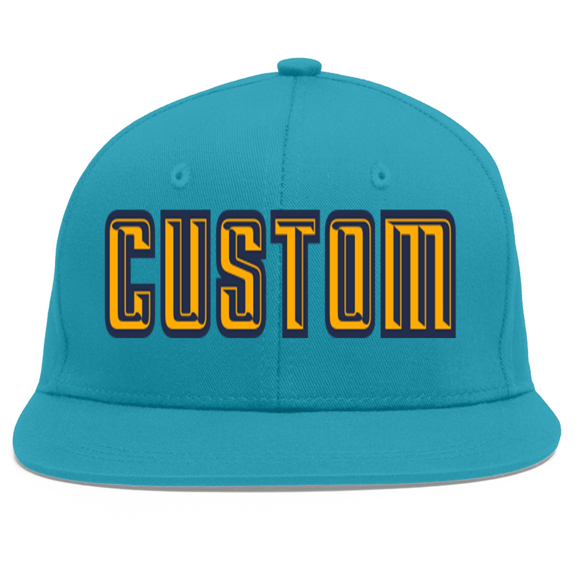 Custom Aqua Yellow-Navy Flat Eaves Sport Baseball Cap