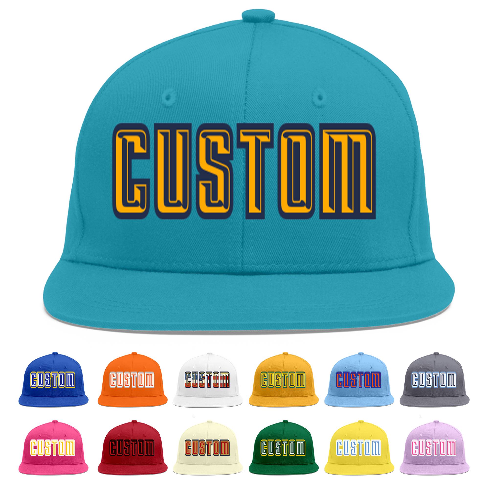 Custom Aqua Yellow-Navy Flat Eaves Sport Baseball Cap