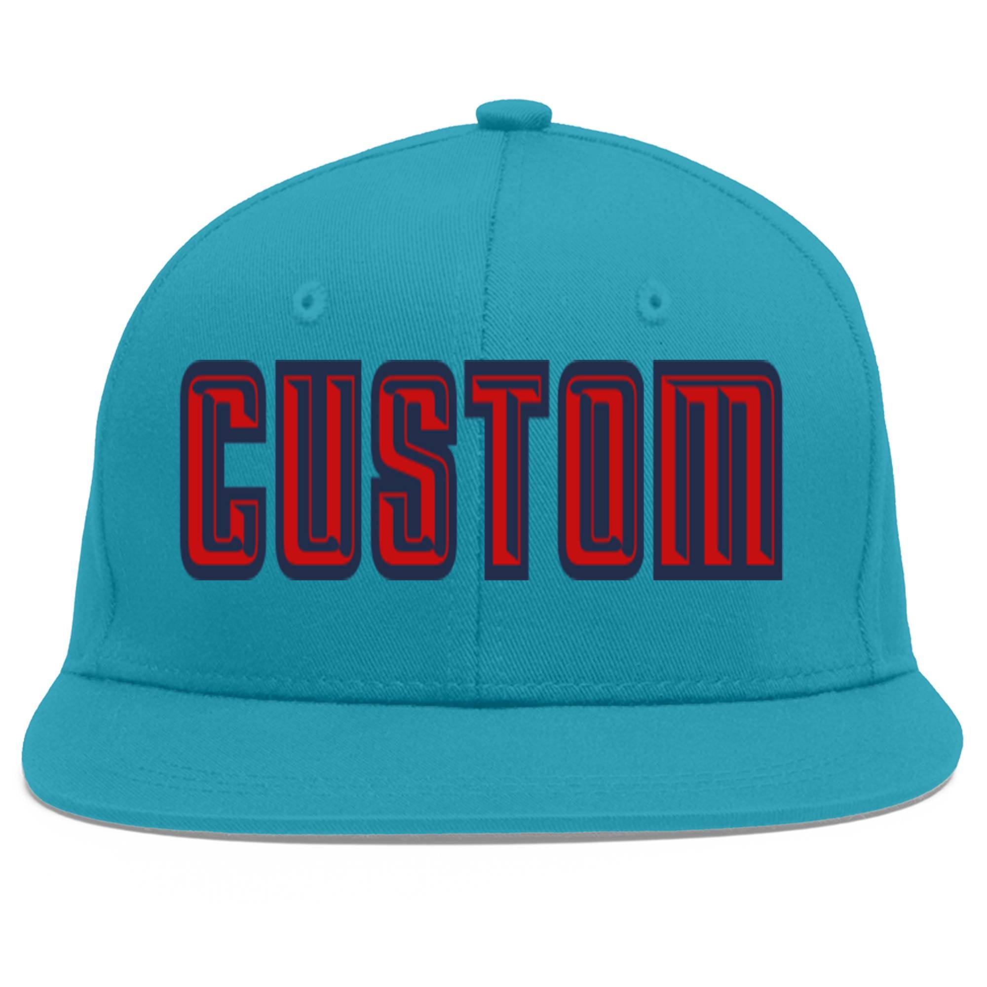 Custom Aqua Red-Navy Flat Eaves Sport Baseball Cap