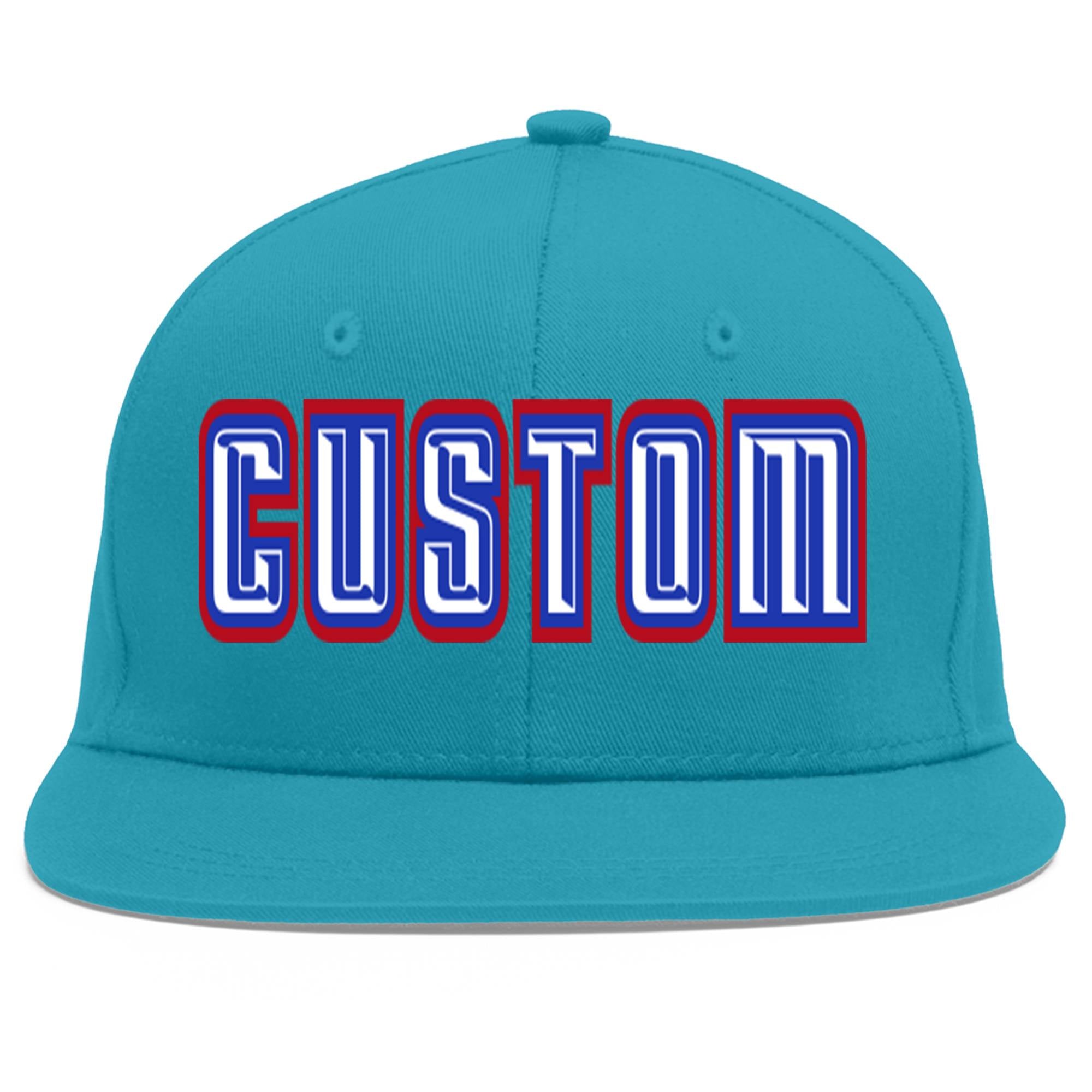 Custom Aqua White-Royal Flat Eaves Sport Baseball Cap