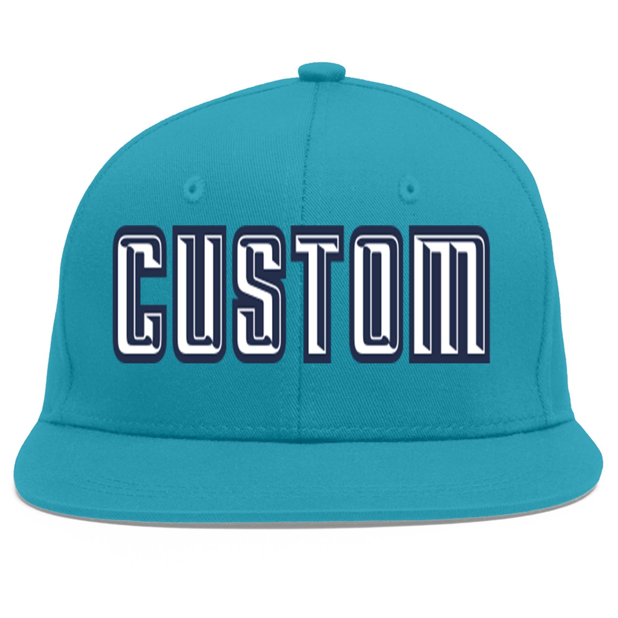 Custom Aqua White-Navy Flat Eaves Sport Baseball Cap