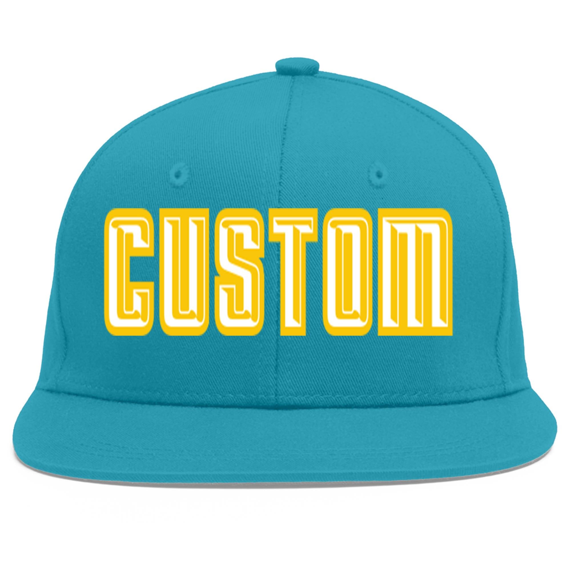 Custom Aqua White-Gold Flat Eaves Sport Baseball Cap