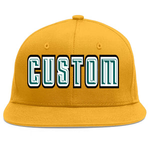 Casquette de baseball personnalisée Gold Aqua-White Flat Eaves Sport