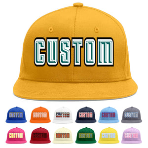 Casquette de baseball personnalisée Gold Aqua-White Flat Eaves Sport