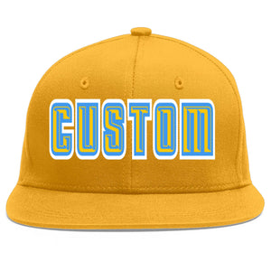 Custom Gold Gold-Powder Blue Flat Eaves Sport Baseball Cap