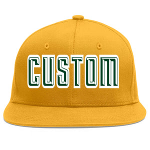 Custom Gold Green-White Flat Eaves Sport Baseball Cap