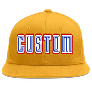 Custom Gold Royal-White Flat Eaves Sport Baseball Cap