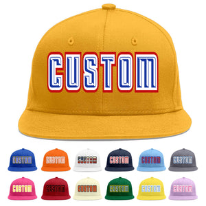 Custom Gold Royal-White Flat Eaves Sport Baseball Cap