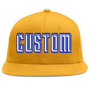 Casquette de baseball personnalisée Gold White-Royal Flat Eaves Sport