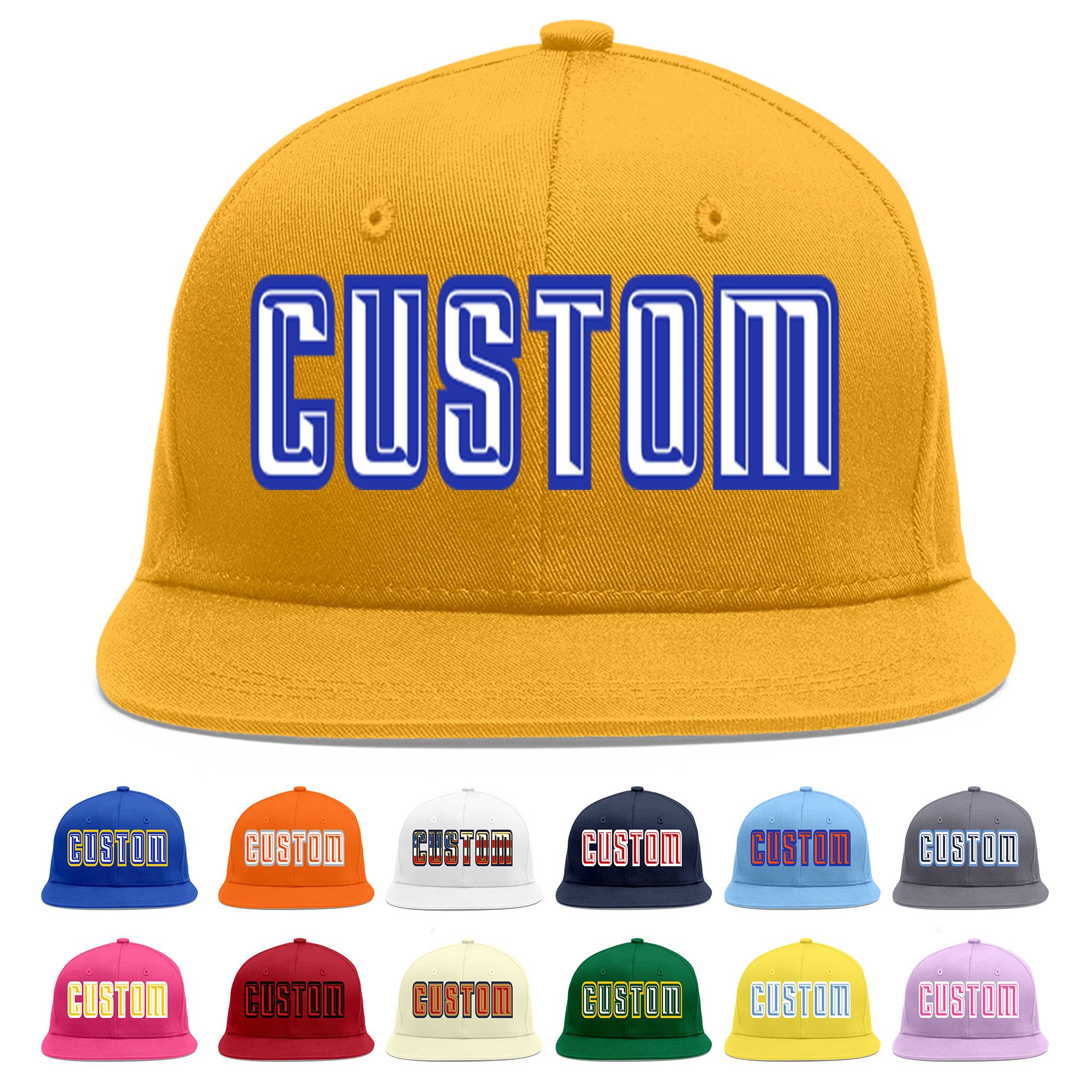 Custom Gold White-Royal Flat Eaves Sport Baseball Cap