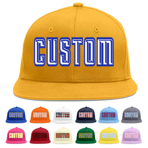 Casquette de baseball personnalisée Gold White-Royal Flat Eaves Sport