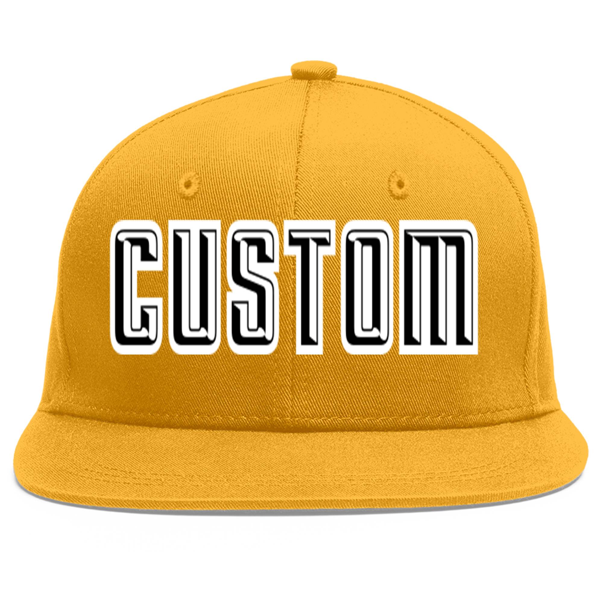 Custom Gold Black-White Flat Eaves Sport Baseball Cap