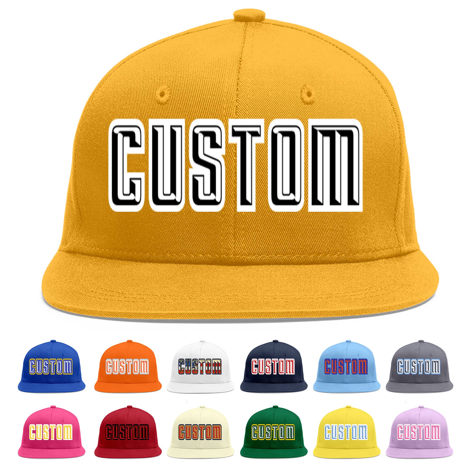 Custom Gold Black-White Flat Eaves Sport Baseball Cap