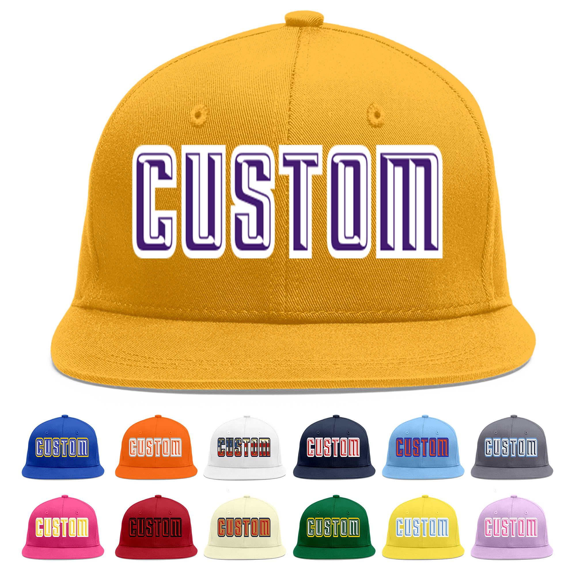 Casquette de baseball sport personnalisée or violet-blanc Flat Eaves