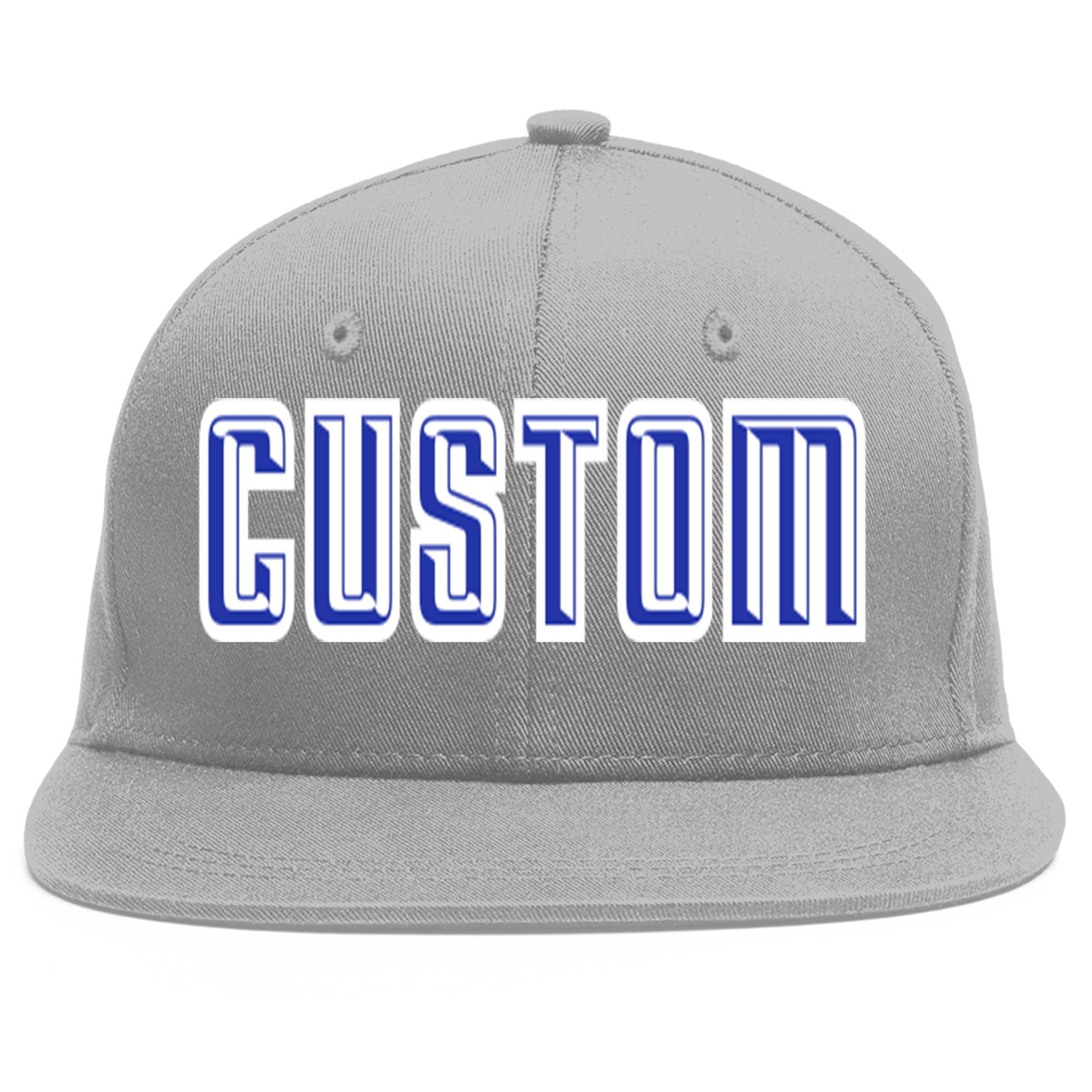 Casquette de baseball sport personnalisée gris royal-blanc plat Eaves