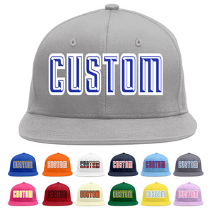 Custom Gray Royal-White Flat Eaves Sport Baseball Cap