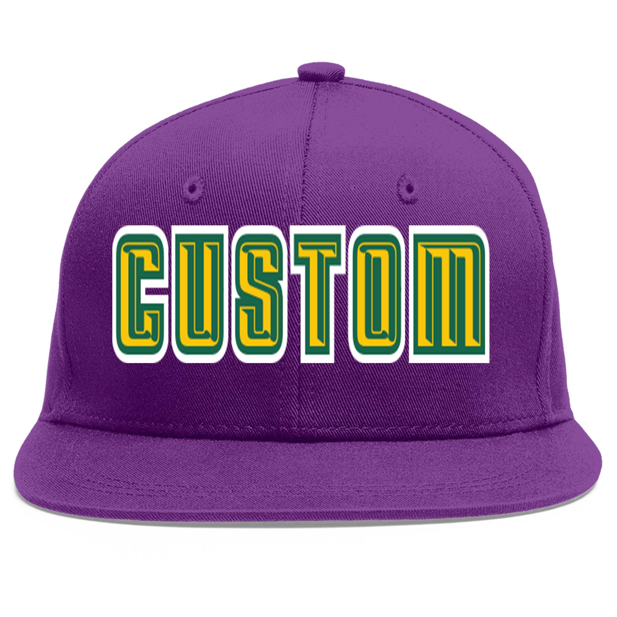 Casquette de baseball sport personnalisée violet or-Kelly vert plat avant-toit