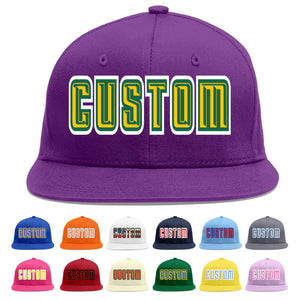 Custom Purple Gold-Kelly Green Flat Eaves Sport Baseball Cap