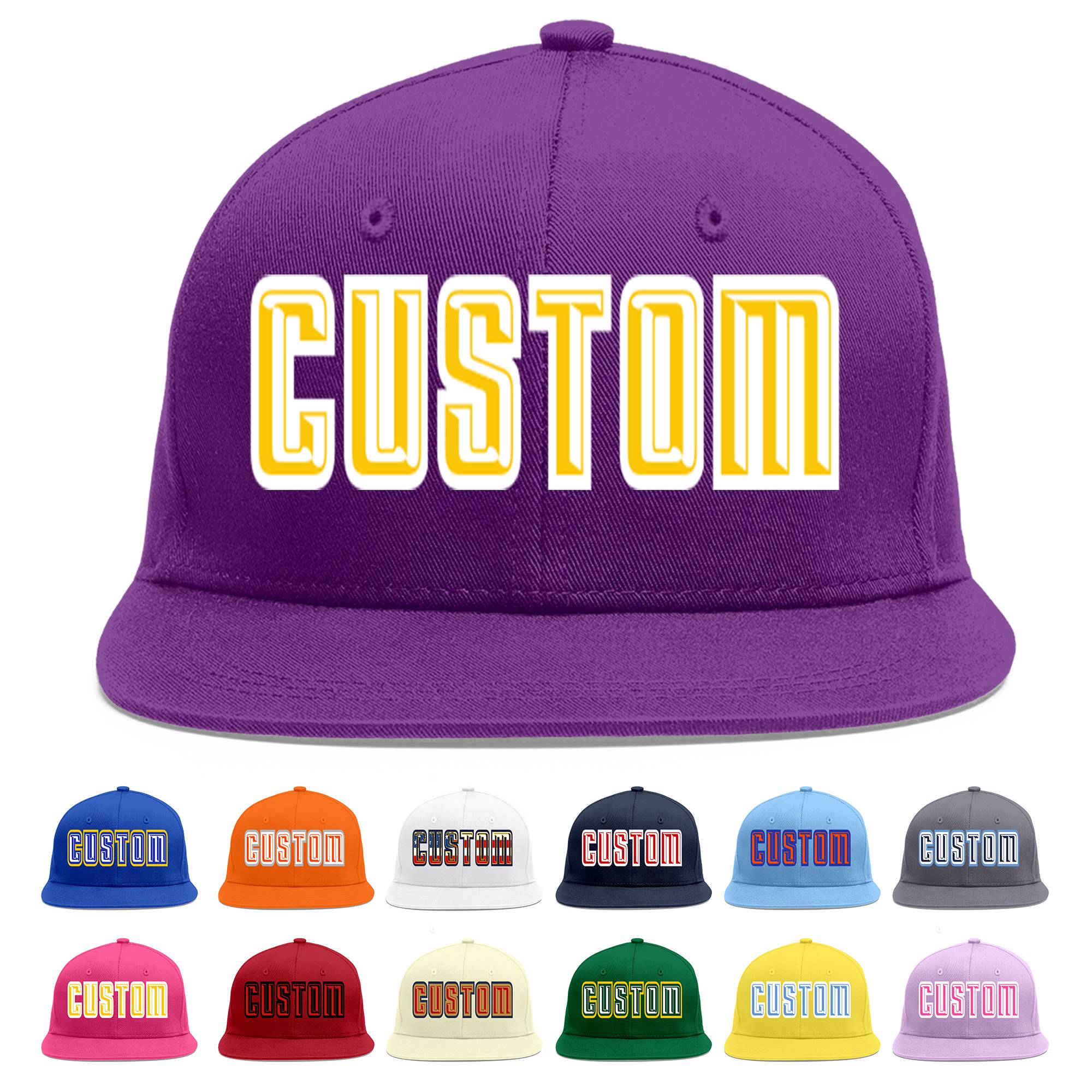 Casquette de baseball sport personnalisée violet or-blanc plat Eaves