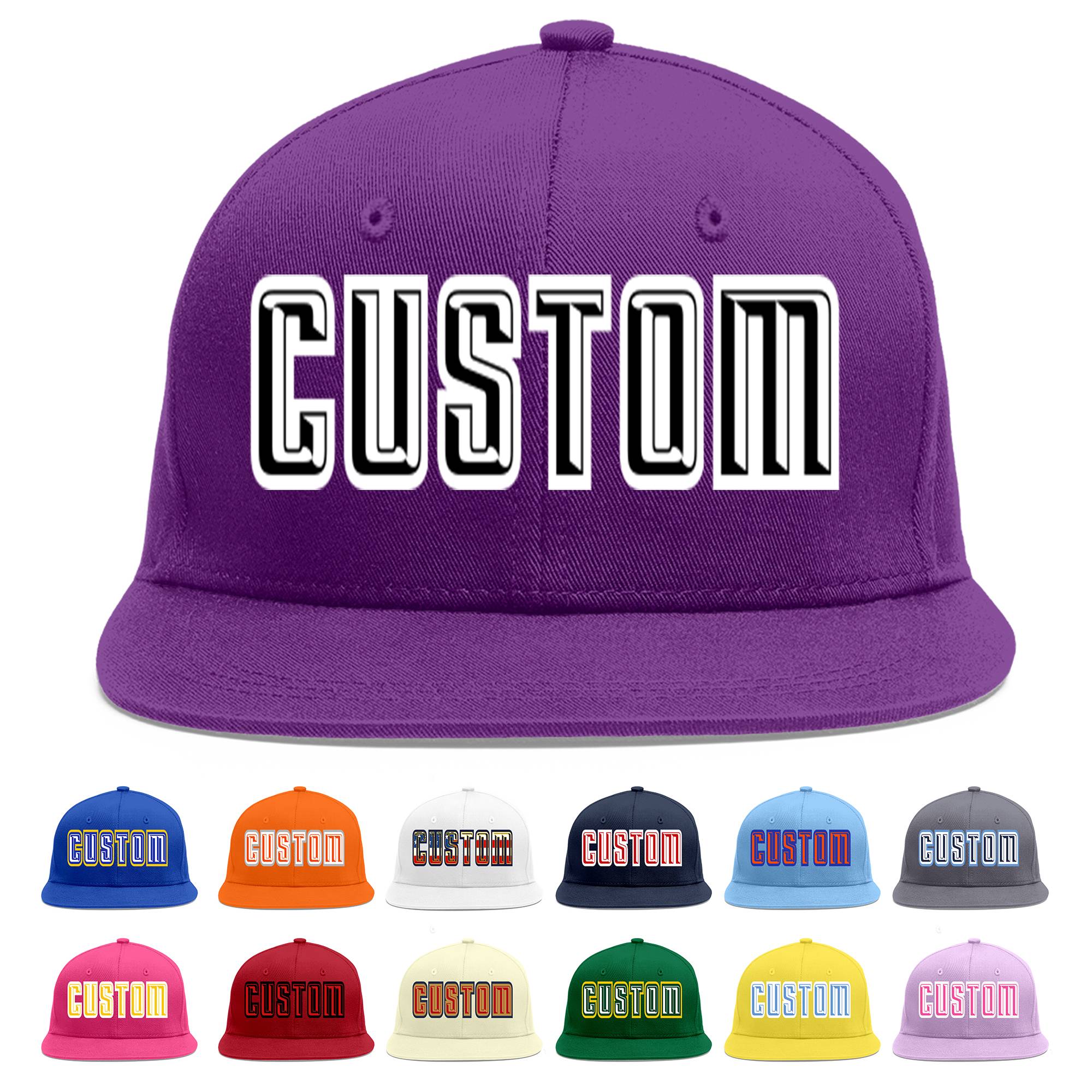 Casquette de baseball de sport personnalisée, violet, noir et blanc, avec avant-toit plat