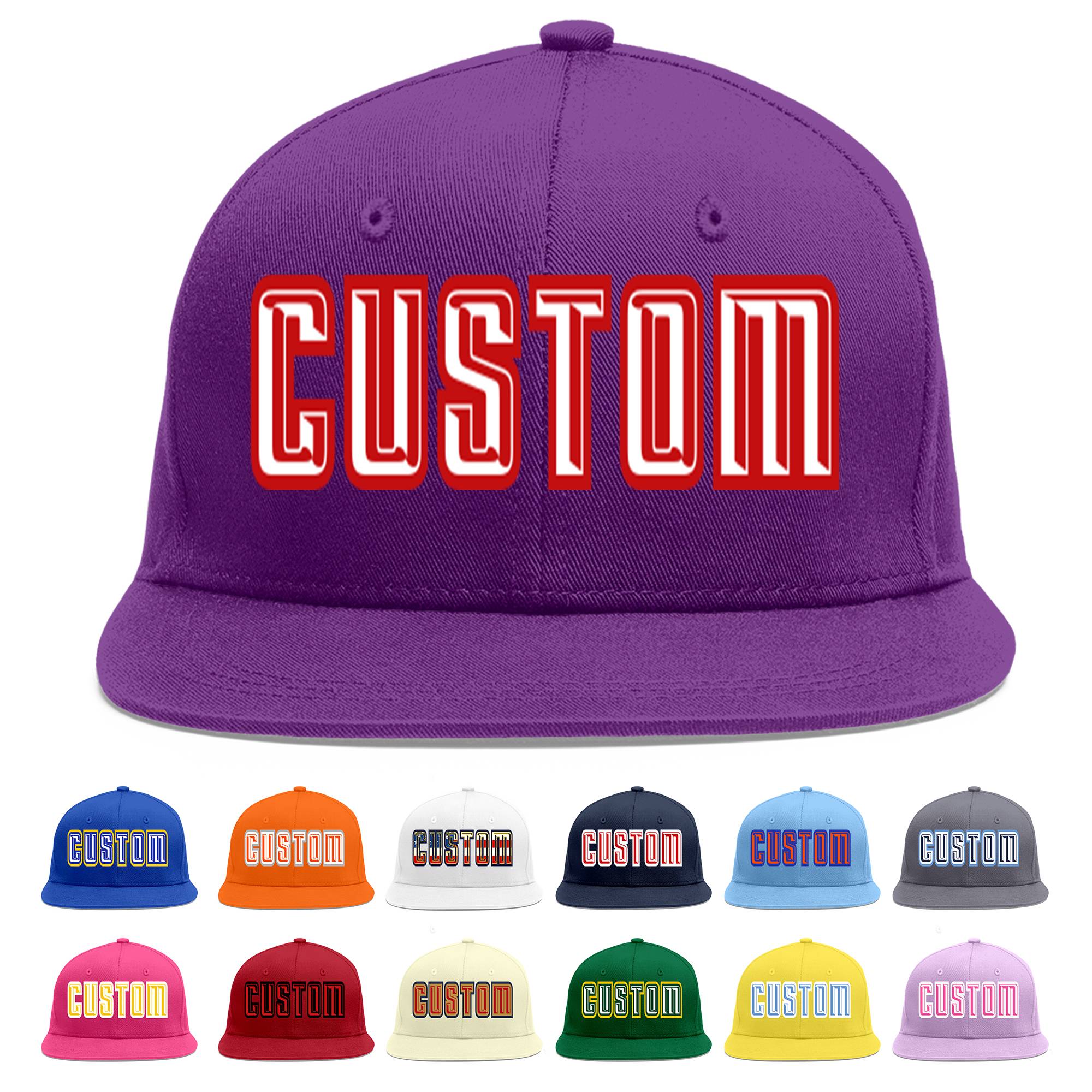 Casquette de baseball sport personnalisée violet blanc-rouge à avant-toit plat