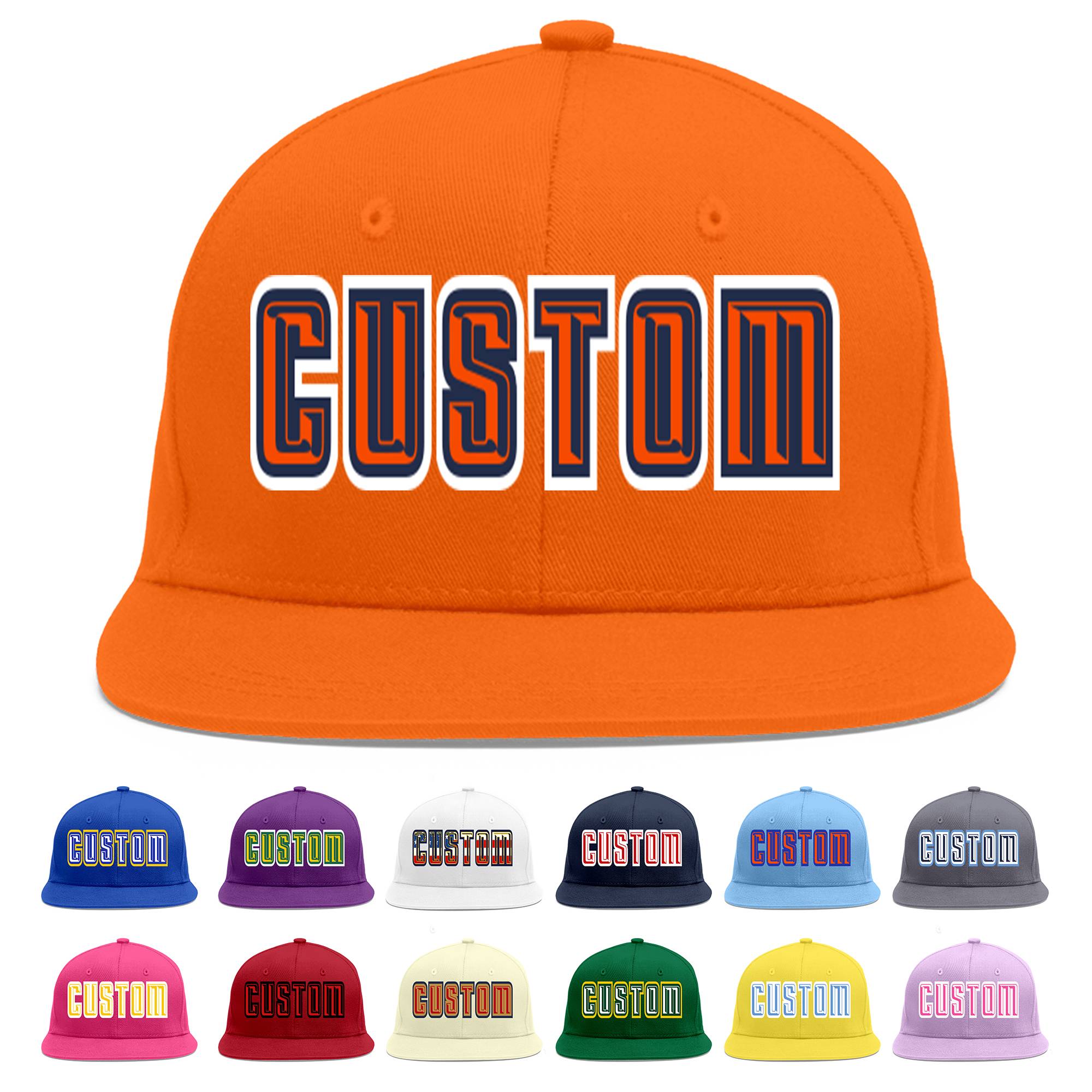 Custom Orange Orange-Navy Flat Eaves Sport Baseball Cap