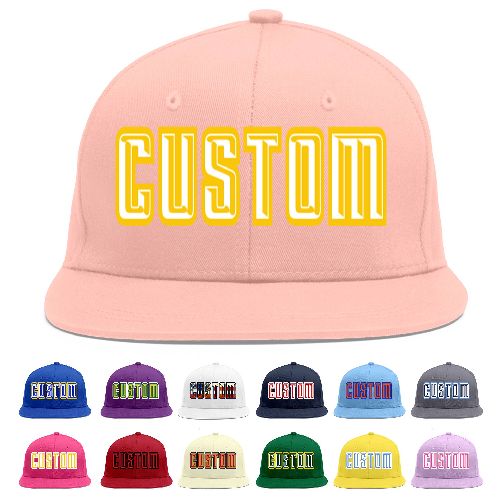 Custom Pink White-Gold Flat Eaves Sport Baseball Cap