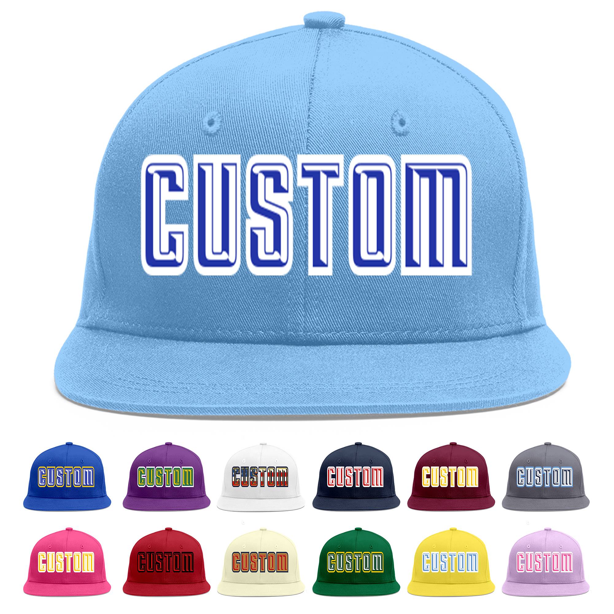 Custom Light Blue Royal-White Flat Eaves Sport Baseball Cap