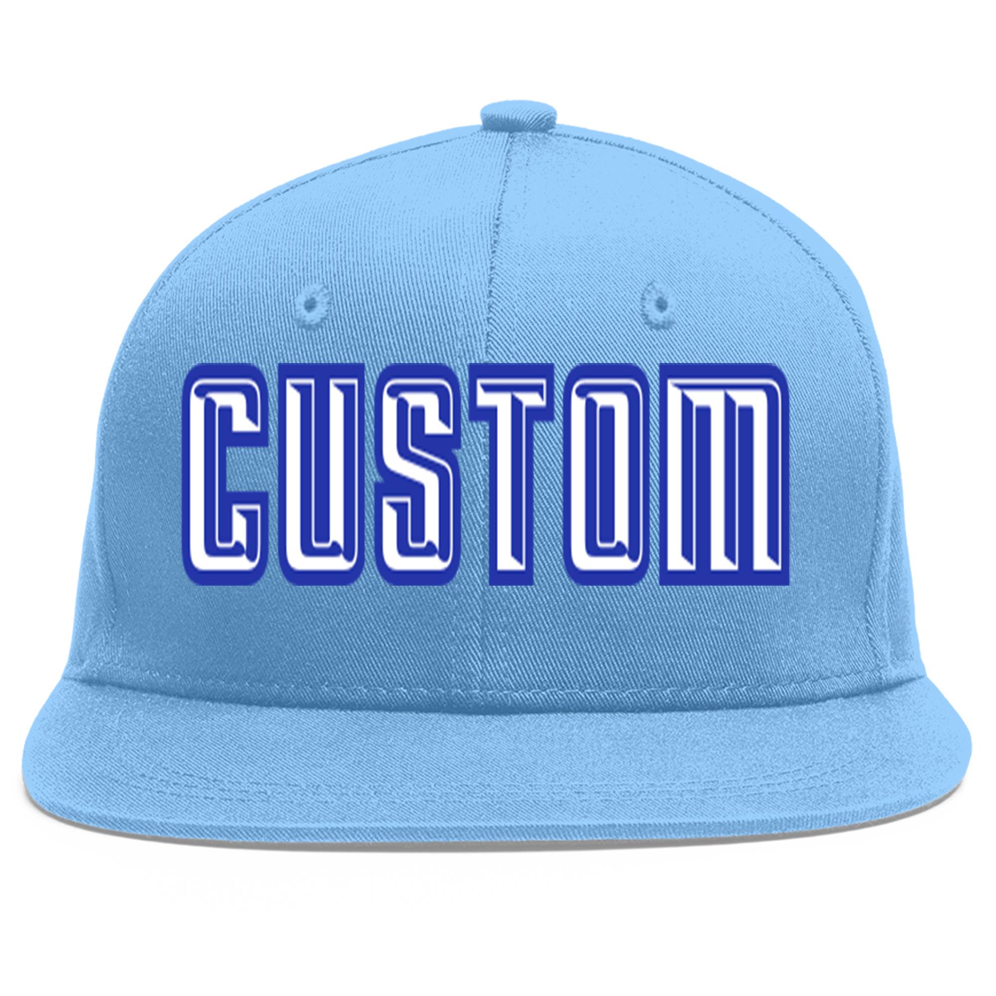 Custom Light Blue White-Royal Flat Eaves Sport Baseball Cap