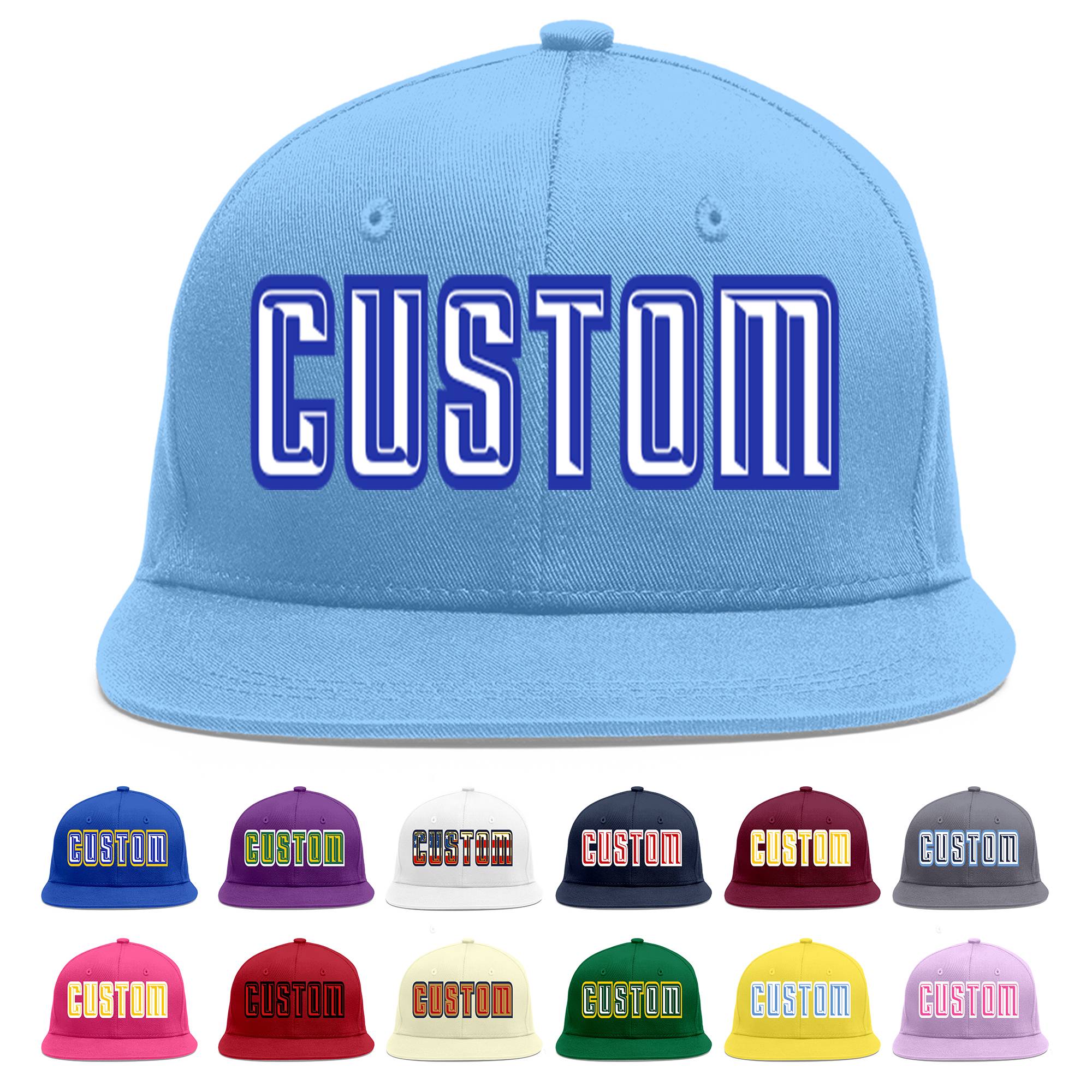 Custom Light Blue White-Royal Flat Eaves Sport Baseball Cap