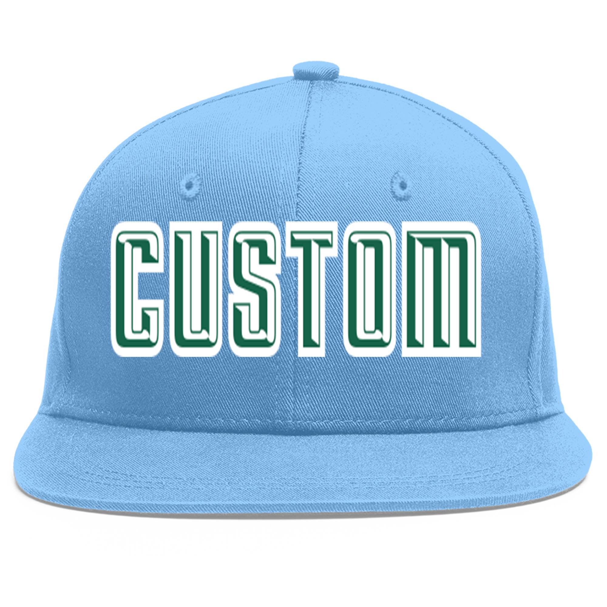 Custom Light Blue Kelly Green-White Flat Eaves Sport Baseball Cap