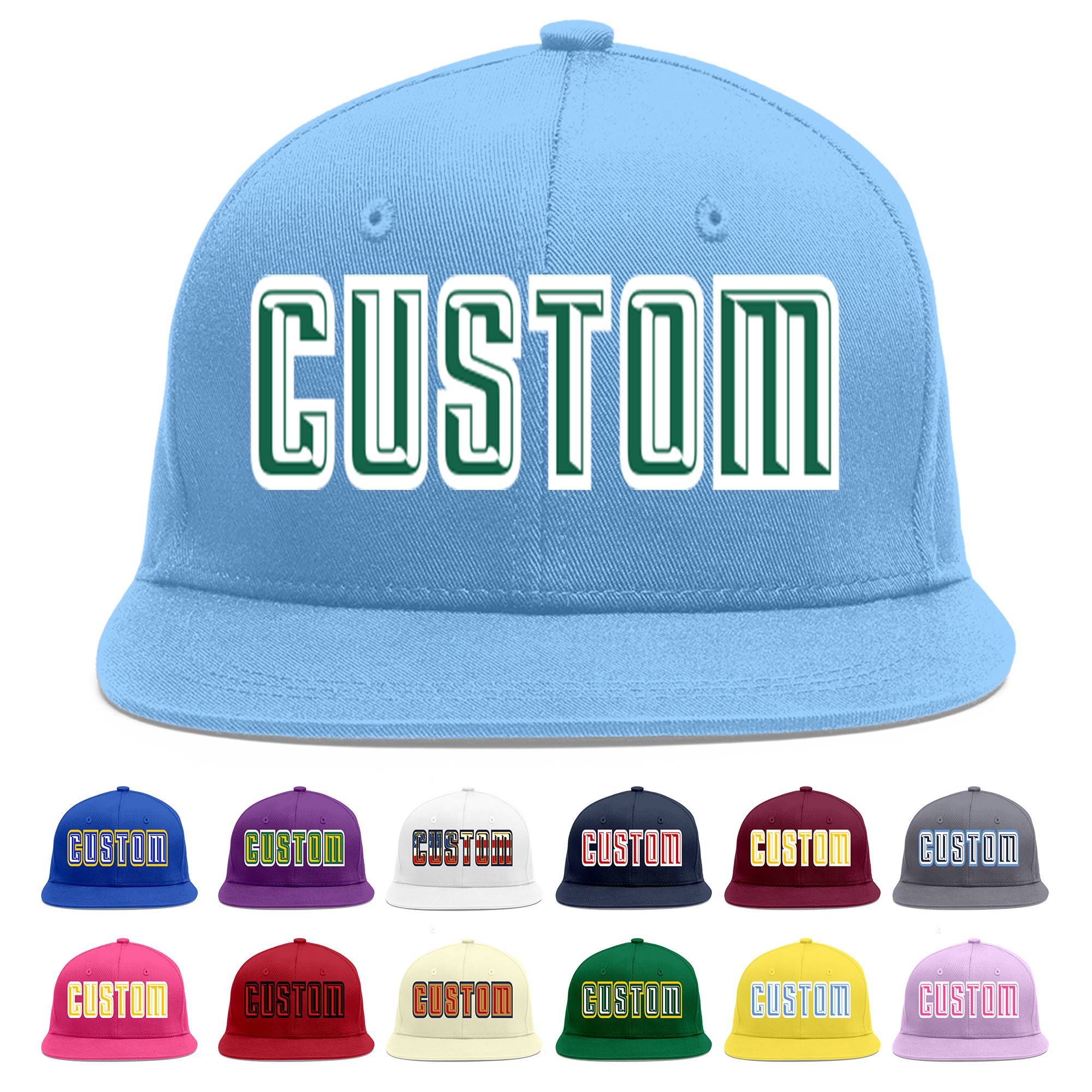 Custom Light Blue Kelly Green-White Flat Eaves Sport Baseball Cap