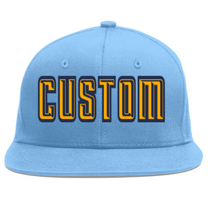 Custom Light Blue Yellow-Navy Flat Eaves Sport Baseball Cap