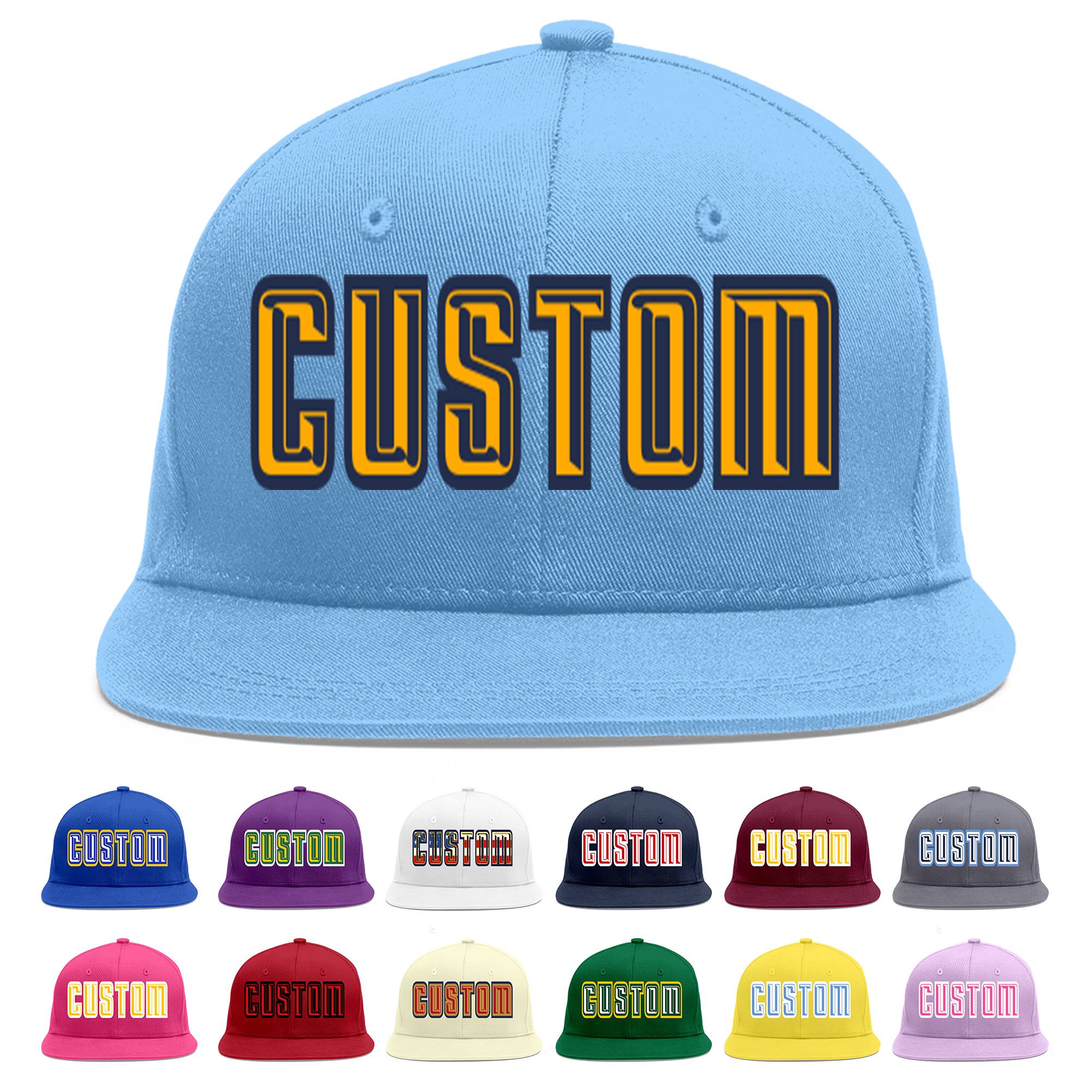 Custom Light Blue Yellow-Navy Flat Eaves Sport Baseball Cap