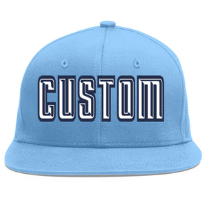 Custom Light Blue White-Navy Flat Eaves Sport Baseball Cap