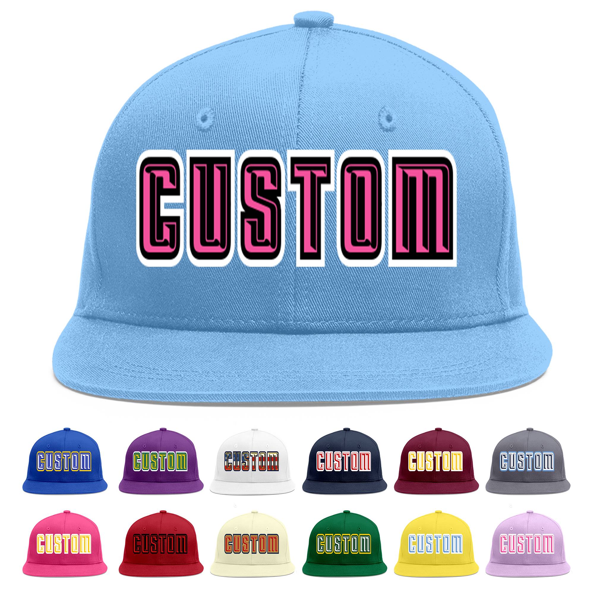 Custom Light Blue Pink-Black Flat Eaves Sport Baseball Cap