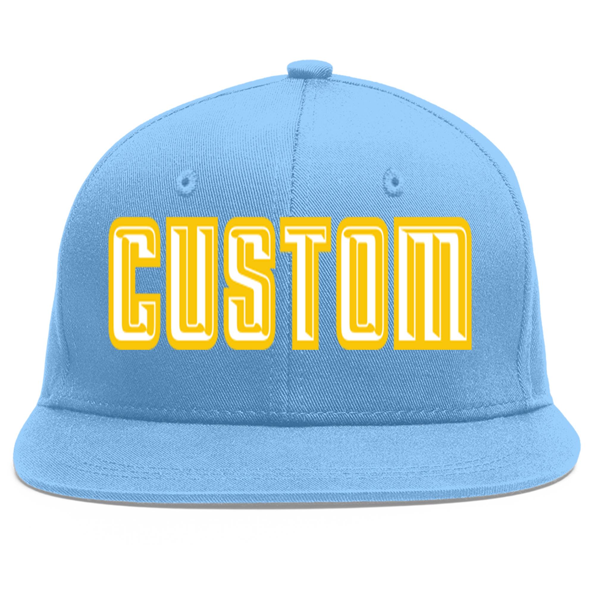 Custom Light Blue White-Gold Flat Eaves Sport Baseball Cap