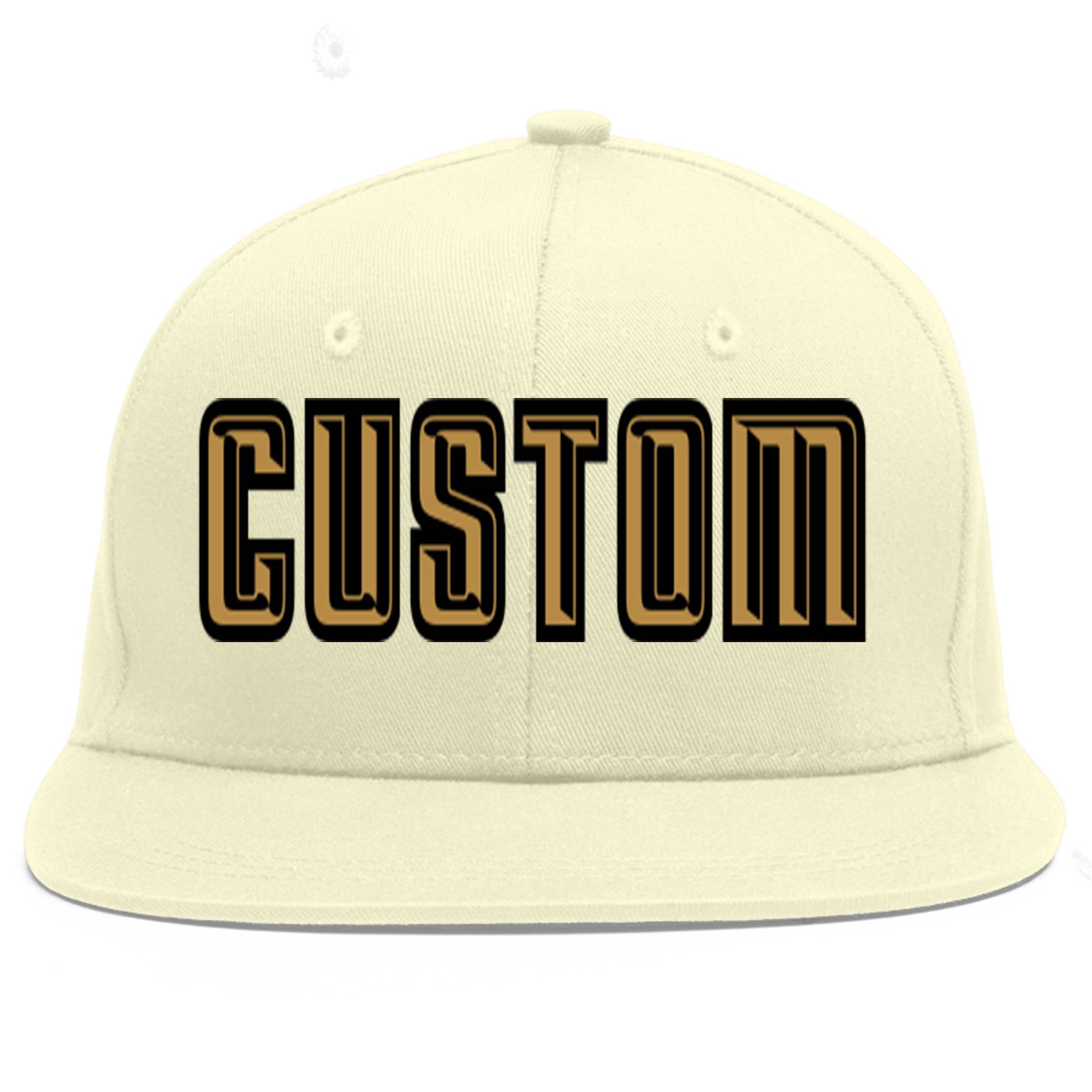 Custom Cream Old Gold-Black Flat Eaves Sport Baseball Cap