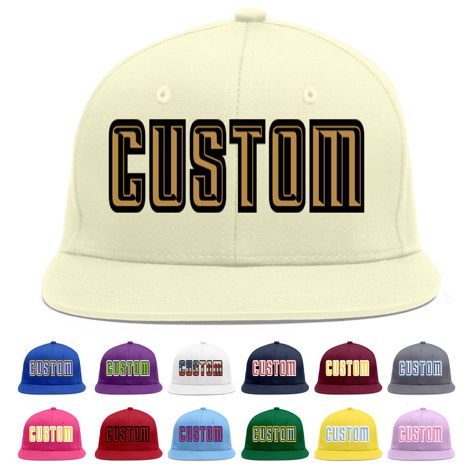 Custom Cream Old Gold-Black Flat Eaves Sport Baseball Cap