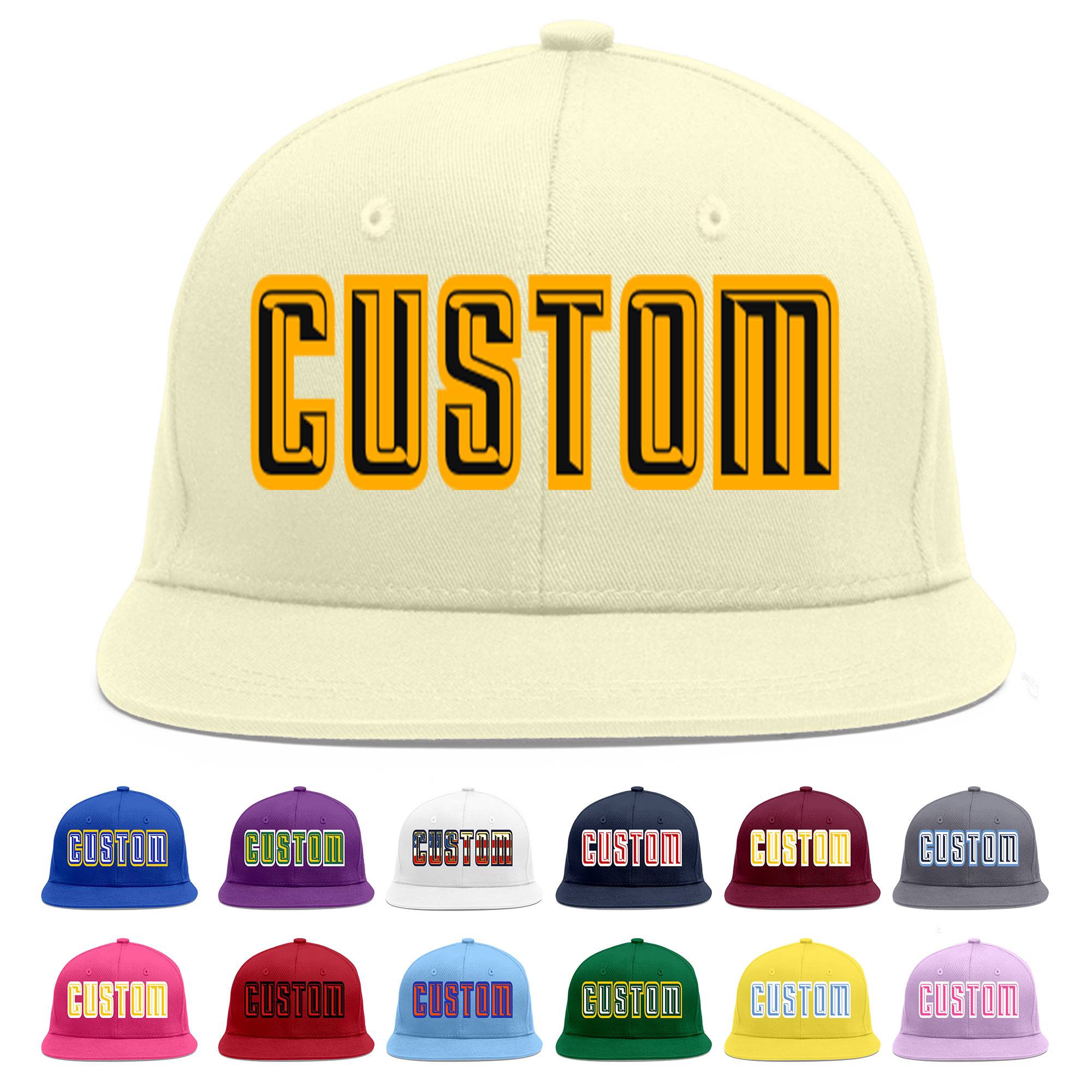 Custom Cream Black-Yellow Flat Eaves Sport Baseball Cap